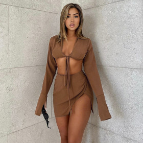 2021 autumn and winter hot products new women's open chest lace lapel shirt solid color suit S175920X