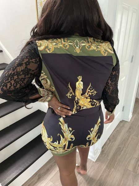 Women's urban fashion printing lace stitching long-sleeved shorts suit L0360