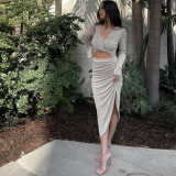 2021 Fall New Long Sleeve V-neck Twisted Top Pleated Skirt Set SY21252