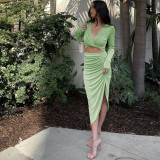 2021 Fall New Long Sleeve V-neck Twisted Top Pleated Skirt Set SY21252