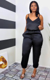Women's V-neck suspender drawstring trousers sexy solid color jumpsuit L0359