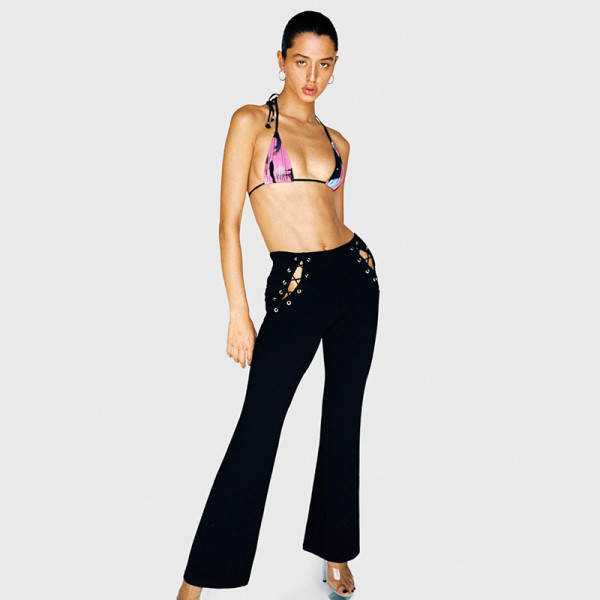 2021 fall corn eyelet lace-up trousers, high waist, hollow lace-up trousers, women's casual pants QY21392