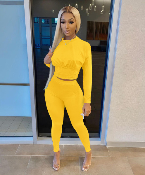 Women's solid color sports waist waist suit fashion casual two-piece suit H0119