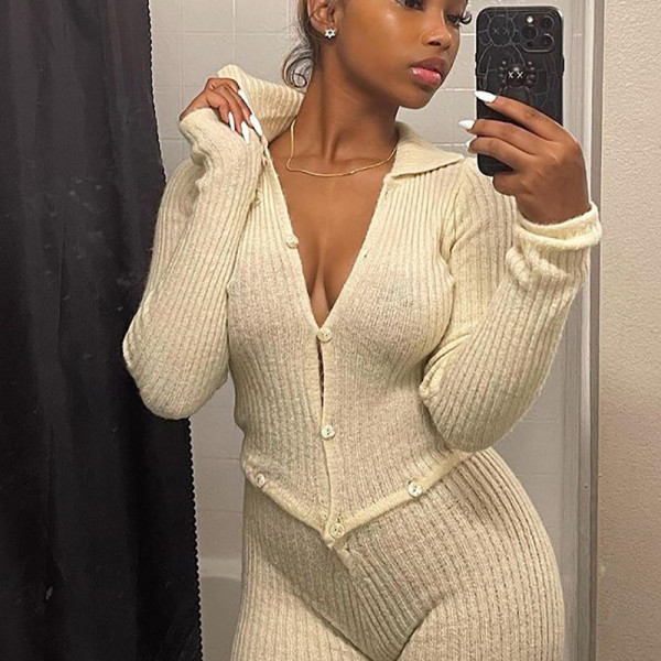2021 autumn and winter hot product new women's solid color threaded cardigan jumpsuit P186241