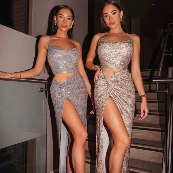 2021 autumn and winter hot product new beveled slit long skirt suspender vest sequin suit S186158G