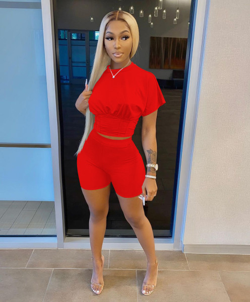 Women's solid color sports waist waist suit fashion casual two-piece suit H0034