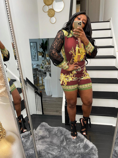 Women's urban fashion printing lace stitching long-sleeved shorts suit L0360