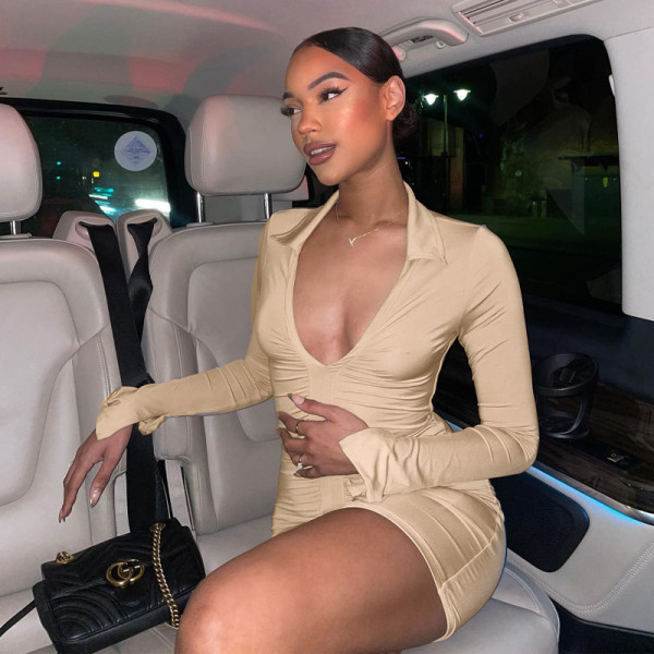 2021 autumn/winter hot product new deep V lapel long sleeve pleated solid color dress D175838W