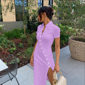 2021 autumn and winter hot products new women's new shirt collar button beveled side slit dress D072663X