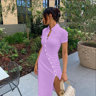 2021 autumn and winter hot products new women's new shirt collar button beveled side slit dress D072663X