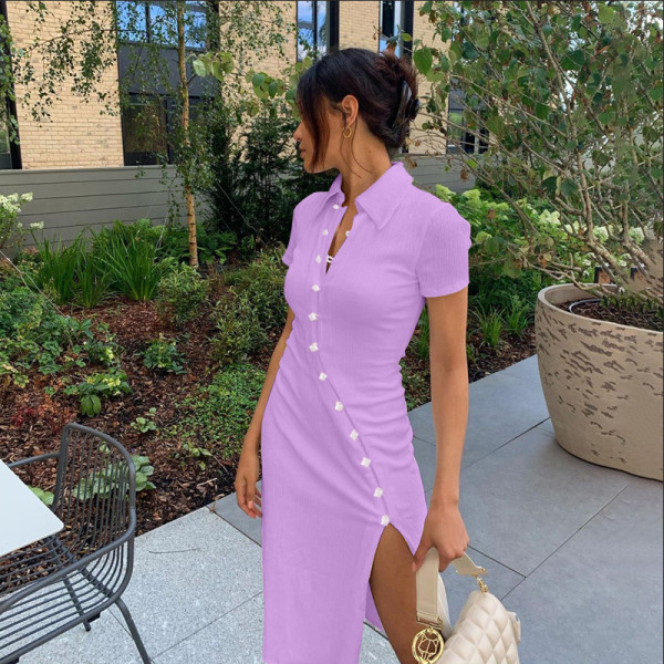 2021 autumn and winter hot products new women's new shirt collar button beveled side slit dress D072663X