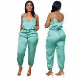 Women's V-neck suspender drawstring trousers sexy solid color jumpsuit L0359