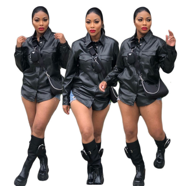 Explosive style leather cardigan fashion women's top F129