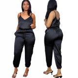 Women's V-neck suspender drawstring trousers sexy solid color jumpsuit L0359