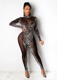 Slim-fit mesh stitching see-through leopard gradient long-sleeved women's clothing H0050