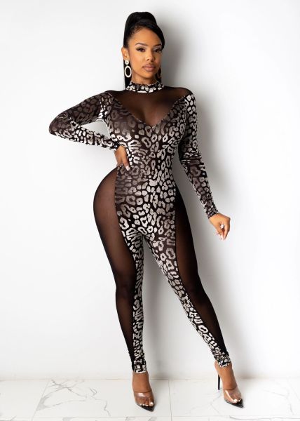 Slim-fit mesh stitching see-through leopard gradient long-sleeved women's clothing H0050