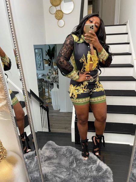 Women's urban fashion printing lace stitching long-sleeved shorts suit L0360