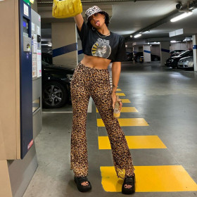 Autumn Women's New Style Casual Pants High Waist Casual Loose Fashion Leopard Print Micro Lap Wide Leg Pants LS21376