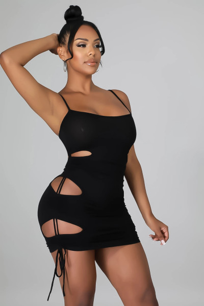 Temperament Women's Fashion Sexy Sling Drawstring Strap Hollow Dress H0127