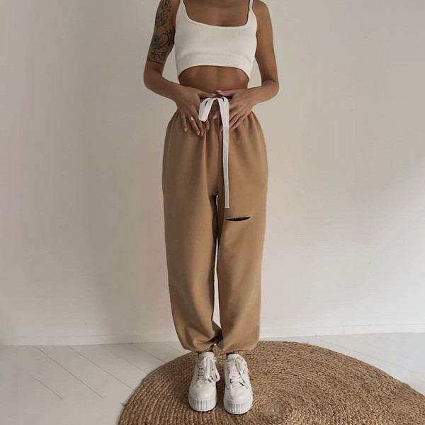 Street hot girl wind hole sweatpants women loose and thin elastic casual pants high-waist straight-leg pants QY21454