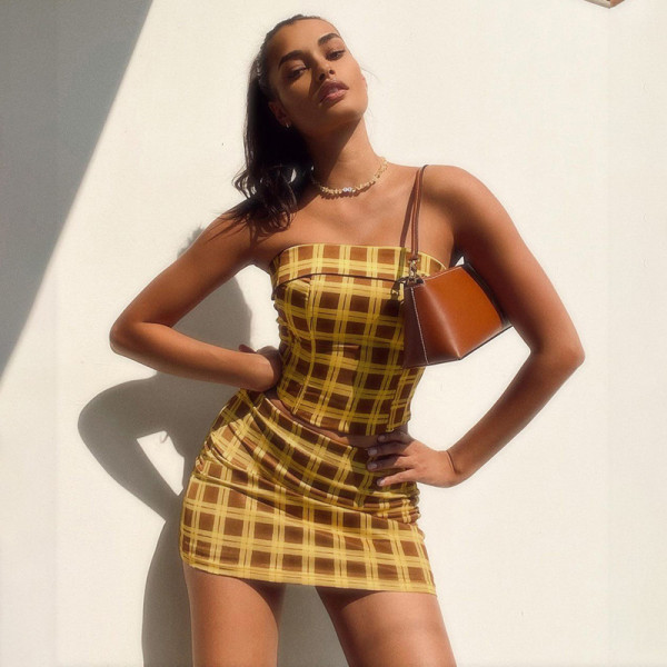 Autumn new style fashion pastoral one-neck tube top plaid print bag hip skirt suit women HY21388