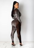Slim-fit mesh stitching see-through leopard gradient long-sleeved women's clothing H0050