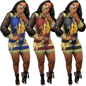 Women's urban fashion printing lace stitching long-sleeved shorts suit L0360
