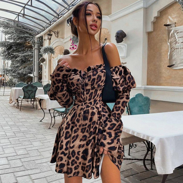 Women's Fall 2021 INS Leopard Print Elegant Sexy Color V-neck Skirt Slim One-piece YJ21076