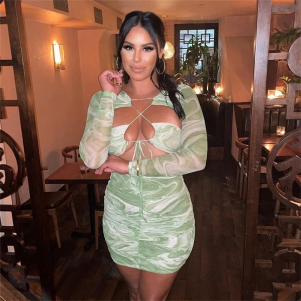2021 autumn new printed long-sleeved cross-cut lace-up pleated dress women M21DS486