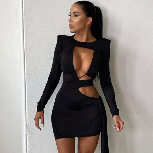 Women's Fall 2021 New Pure Color Round Neck Pullover Casual Lace-up Long Sleeve Short Dress W21DS481