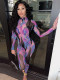 Women's new printed round neck long-sleeved hollow see-through tight trousers net gauze jumpsuit K21JP514