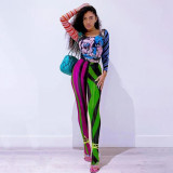 Women's Fall 2021 New Rainbow Stripe Slim Skinny High Waist Leggings Women K21PT544