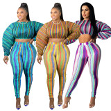 Plus size women's clothing autumn print lantern sleeve drawstring leisure two-piece suit plus size women's clothing Q21S962