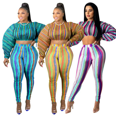 Plus size women's clothing autumn print lantern sleeve drawstring leisure two-piece suit plus size women's clothing Q21S962