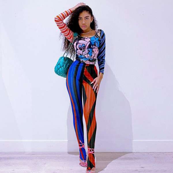 Women's Fall 2021 New Rainbow Stripe Slim Skinny High Waist Leggings Women K21PT544