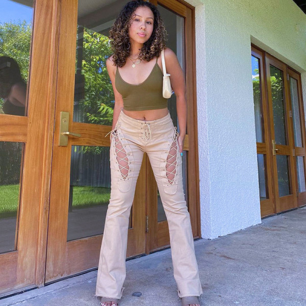 Women's Fall 2021 New Pure Color Straight High Waist Loose Hollow Lace Casual Pants Women X21PT471