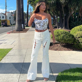Women's Fall 2021 New Pure Color Straight High Waist Loose Hollow Lace Casual Pants Women X21PT471