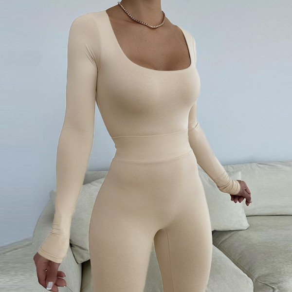 Women's autumn new solid color low-cut long-sleeved one-piece high-waist tight trousers suit women K21ST521