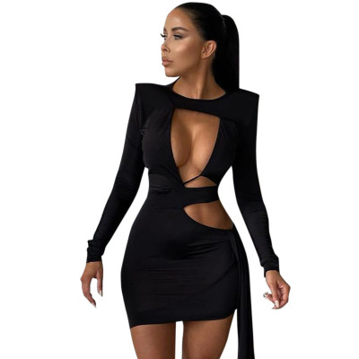 Women's Fall 2021 New Pure Color Round Neck Pullover Casual Lace-up Long Sleeve Short Dress W21DS481