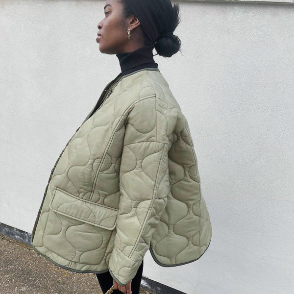 Women's 2021 autumn and winter new style commuting solid color button pocket loose coat cotton jacket A21TP425
