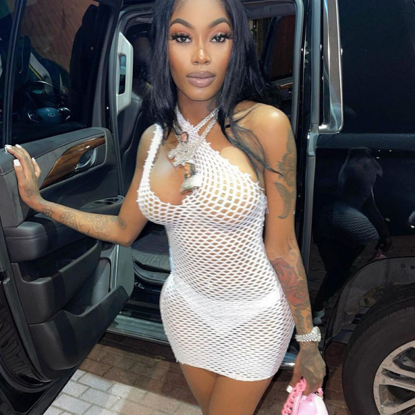 Women's Fall 2021 New One-shoulder Hollow Mesh Perspective Sexy Short Skirt Dress Women M21DS492