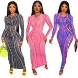 Autumn new style mesh perspective corrugated printing sexy dress Q21Y963