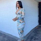 Women's 2021 Fall New Urban Casual Printed Round Neck Pullover Long Dress M21DS522