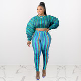 Plus size women's clothing autumn print lantern sleeve drawstring leisure two-piece suit plus size women's clothing Q21S962