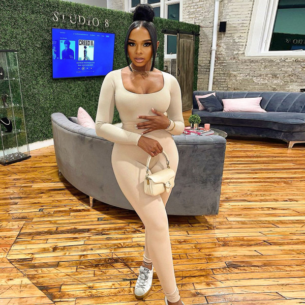 Women's autumn new solid color low-cut long-sleeved one-piece high-waist tight trousers suit women K21ST521