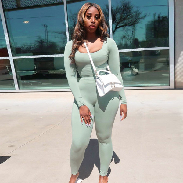 Women's autumn new solid color low-cut long-sleeved one-piece high-waist tight trousers suit women K21ST521