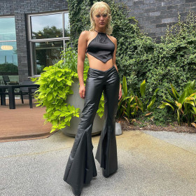 Women's 2021 Fall New Urban Casual Solid Color Low-Waist Lace-up Folded Flared Trousers M21PT465