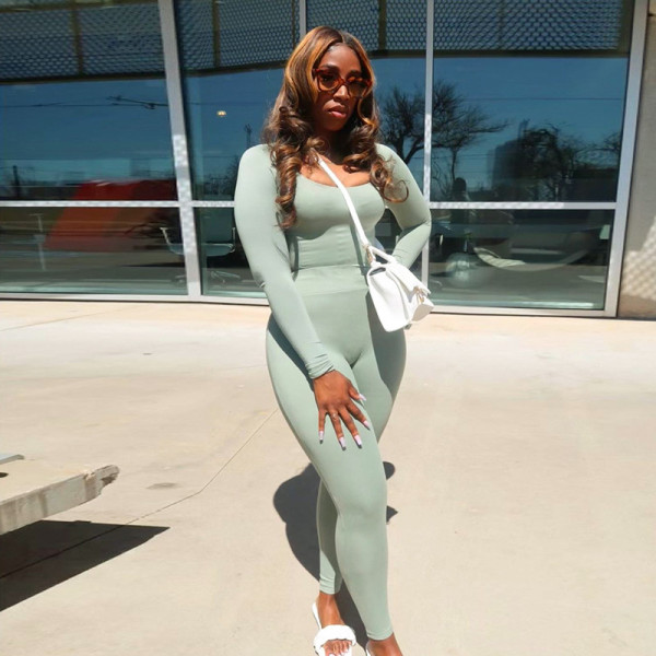 Women's autumn new solid color low-cut long-sleeved one-piece high-waist tight trousers suit women K21ST521