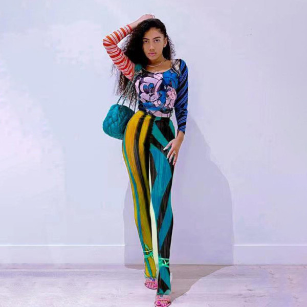 Women's Fall 2021 New Rainbow Stripe Slim Skinny High Waist Leggings Women K21PT544