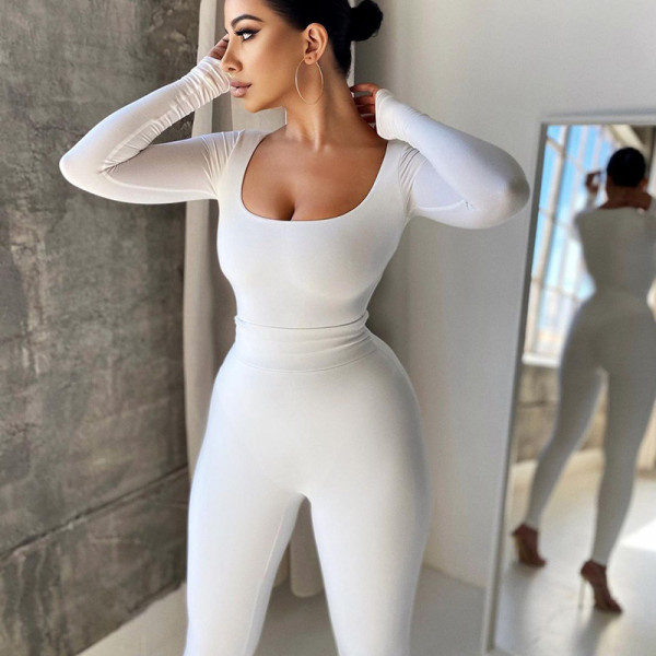 Women's autumn new solid color low-cut long-sleeved one-piece high-waist tight trousers suit women K21ST521